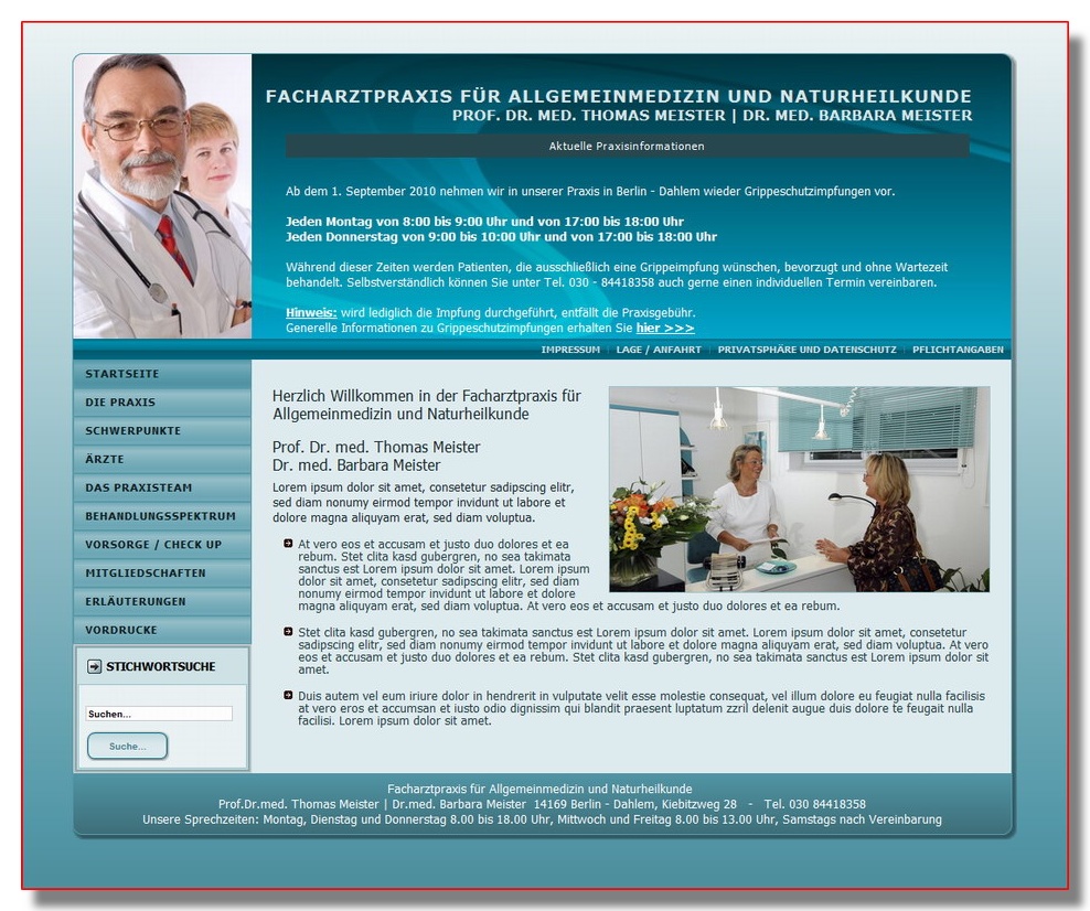 ::Startseite einer Praxishomepage mit Einblendung aktueller Patienteninformationen Praxishomepage Berlin Hamburg München Köln